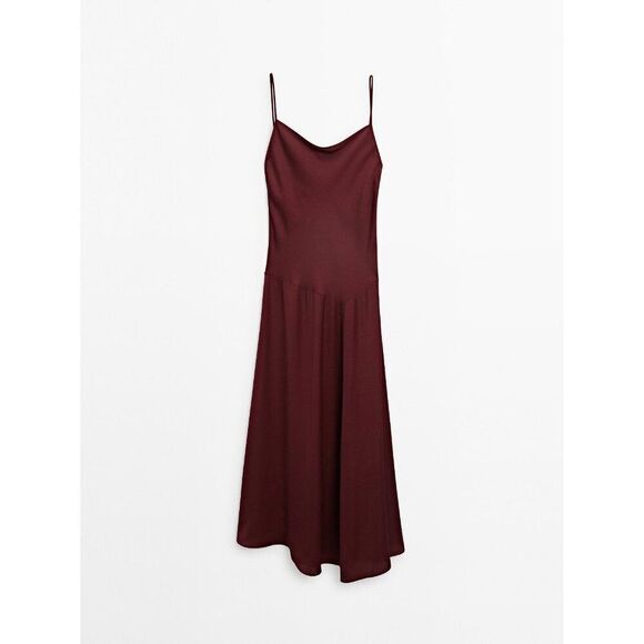 Massimo Dutti Women Midi Slip Dress XS Burgundy Strappy Satin feel